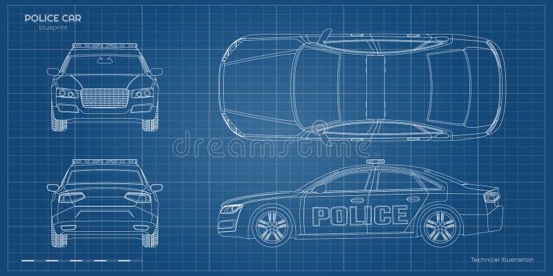 Progetto pilota della polizia. retrovisioni laterali anteriori e laterali. pattugliamento per il disegno di automobili. documento illustrazione vettoriale