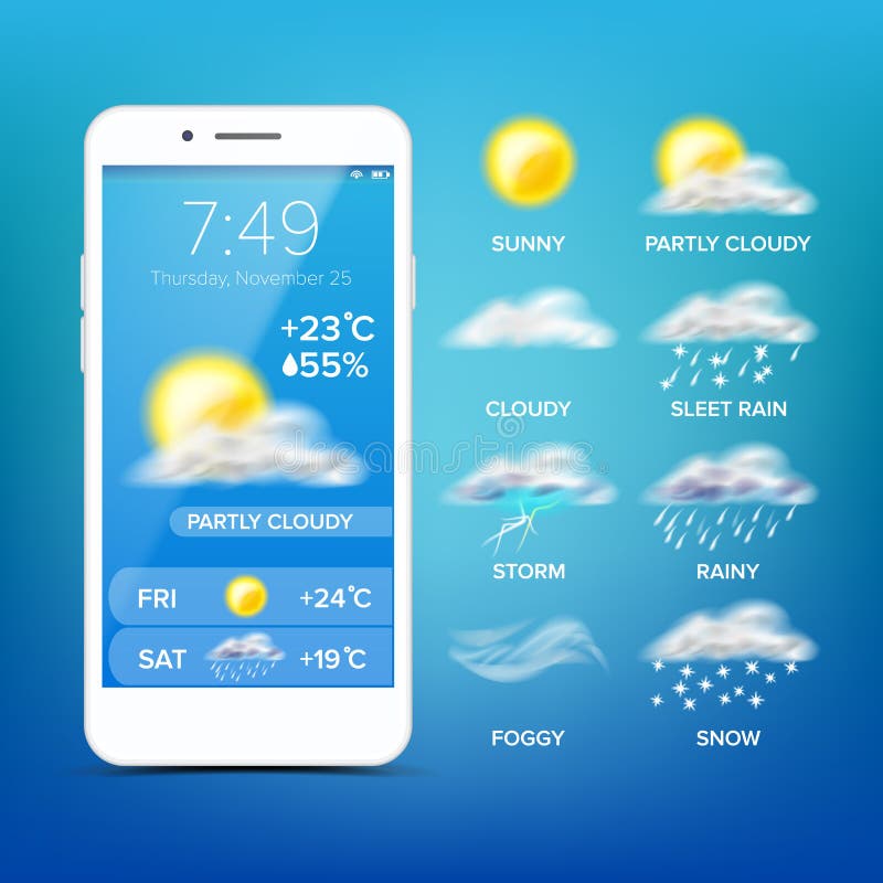 Prognozy Pogody App wektor Realistyczny Smartphone ekran Pogodowy App Z ikonami projekta elementu ilustracja