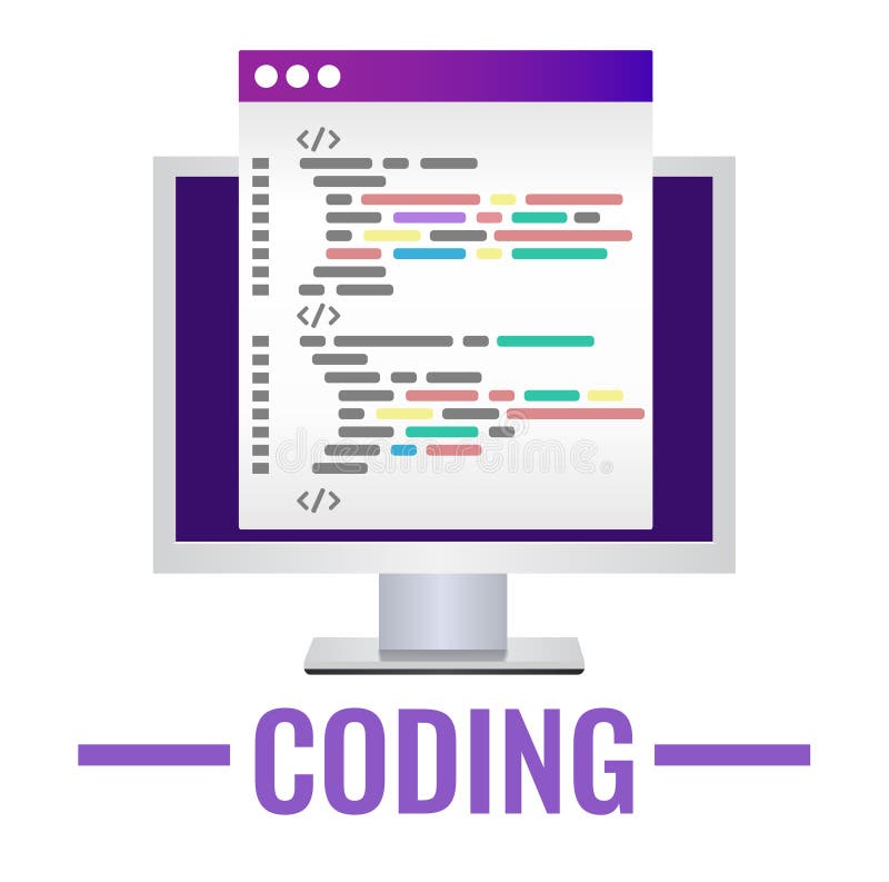 Program code icon in flat style. Personal computer with a code page. programming process, script or other program. Vector illustration isolated