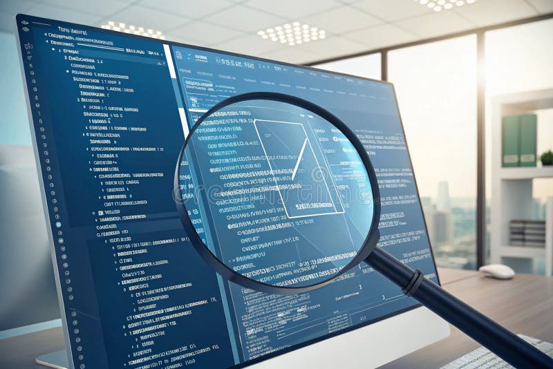 Program code illustrative concept on display screen through magnifying glass generated by ai program code illustrative concept on royalty-vrije illustratie
