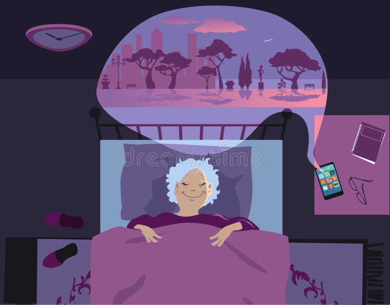 Mature woman lying in bed at night using a sleep aid app on his smartphone, EPS 8 vector illustration. Mature woman lying in bed at night using a sleep aid app on his smartphone, EPS 8 vector illustration