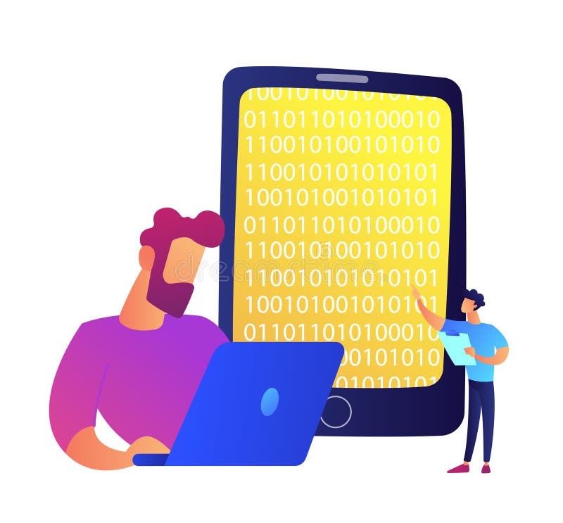 Programador que trabalha com portátil e telefone celular com ilustração do vetor do código binário ilustração stock Programador que trabalha com portátil e telefone celular com ilustração do vetor do código binário ilustração stock