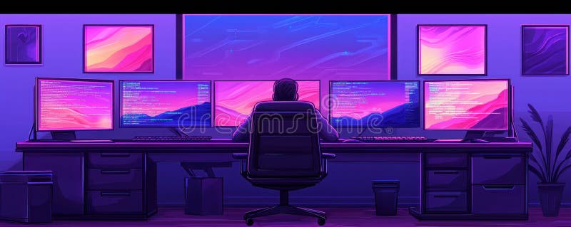 Programator Care Lucrează Noaptea Târzie Cu Monitoare Multiple Neon Purple Room Coding Software Development vector illustration