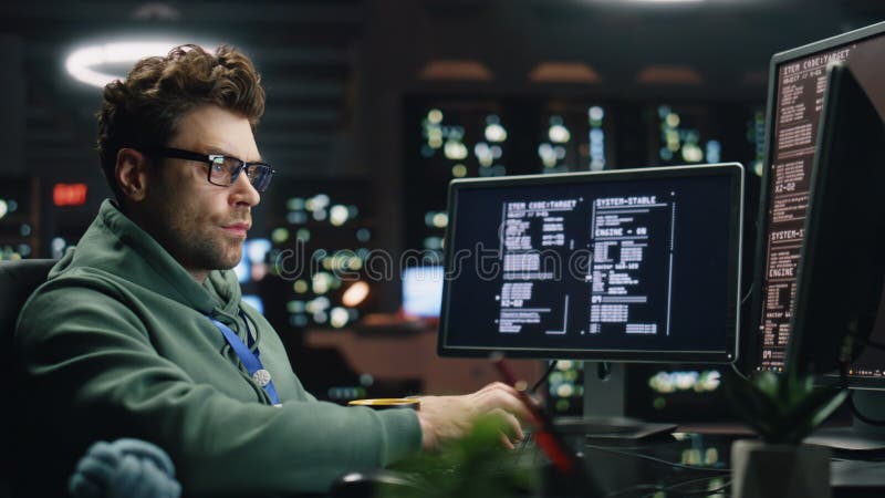 IT programer working keyboard desktop computer data center control room closeup stock photo