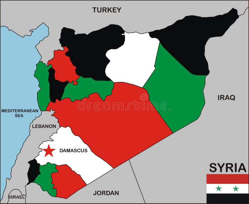 Political map of syria country with neighbors and national flag. Political map of syria country with neighbors and national flag