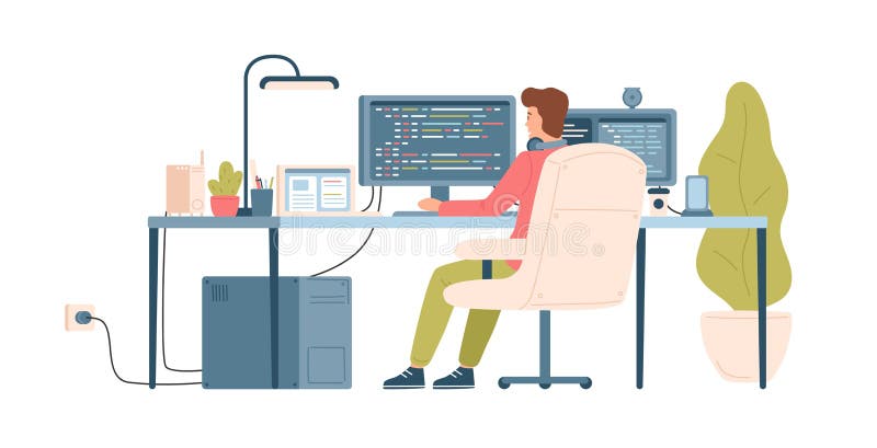 Programmatore, codificatore, sviluppatore web o Software Engineer che si siede allo scrittorio e che lavora al computer o alla pr illustrazione di stock