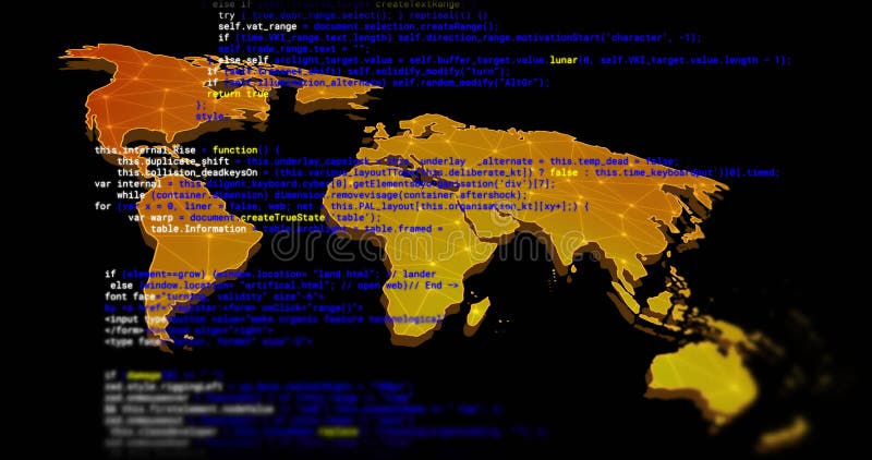 Programmazione dell'animazione del codice su mappa del mondo digitale con connessioni di rete royalty illustrazione gratis