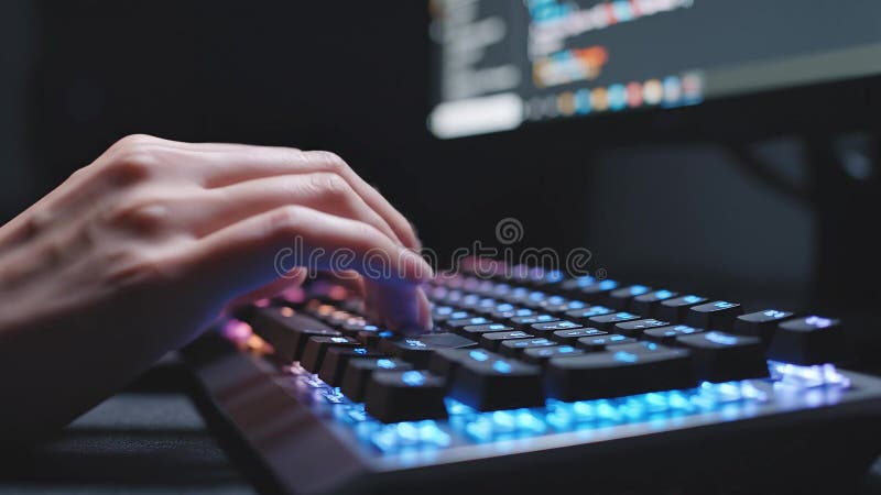 Makro-Video: Finger, die schnell auf einer mechanischen Tastatur mit heller RGB-Hintergrundbeleuchtung tippen. Im Hintergrund ist ein Monitor mit Programmcode sichtbar. Gaming-, Programmier- und IT-Konzept.