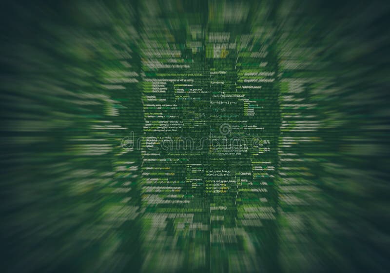Zoom auf den abstrakten Quellcode des Programms, fokussiert auf einen Monitor. Grünes Matrix-ähnliches Skript.