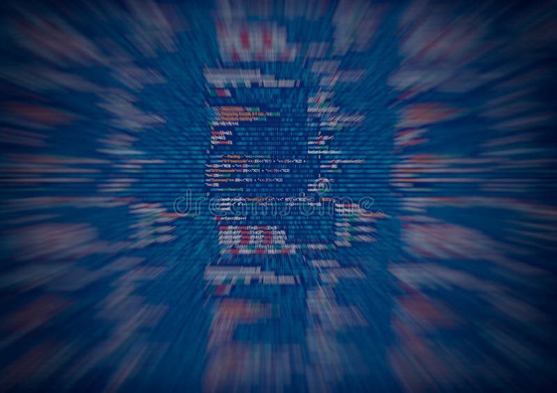 Abstrakter Programmquellcode mit Zoom auf einen Monitor fokussiert.