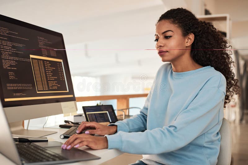 Programmer checking code young programmer checking code she written for project foto stok