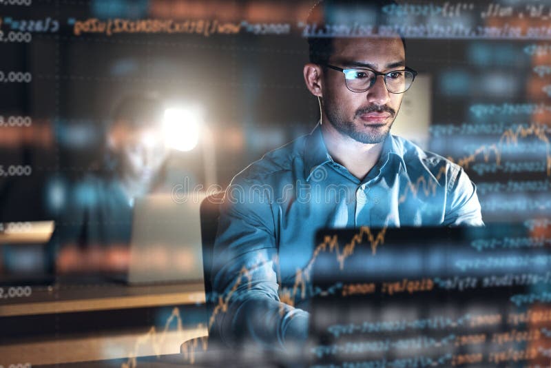 Programmer, code and man with focus, holographic and digital software with cyber security, future and trading. Male royalty free stock photos