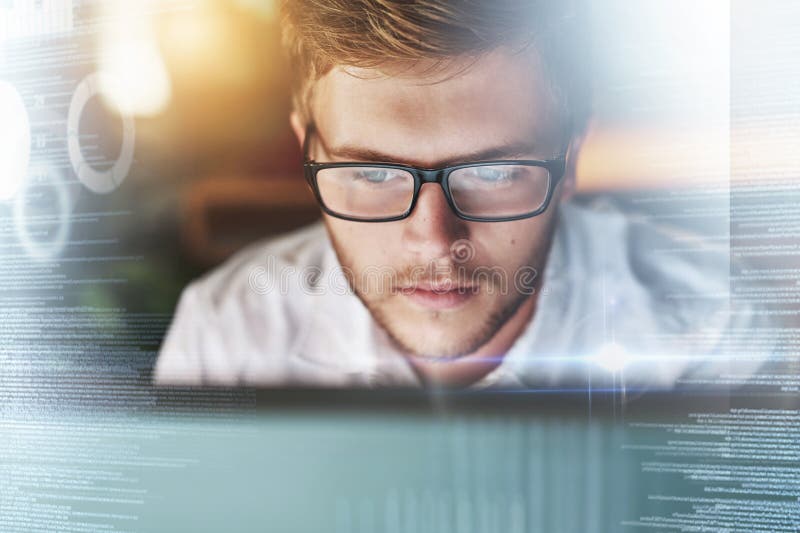 Programmer, code and man with hologram, cyber security and data analysis for communications, futuristic and focus. Male stock image