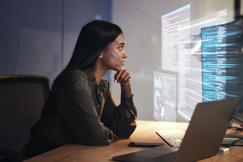Programmer, code and woman with focus, hologram and digital software with cyber security, futuristic and online reading stock image