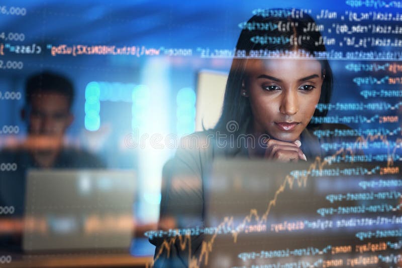Programmer, code and woman with focus, holographic and digital software with cyber security, futuristic and coding royalty free stock photography