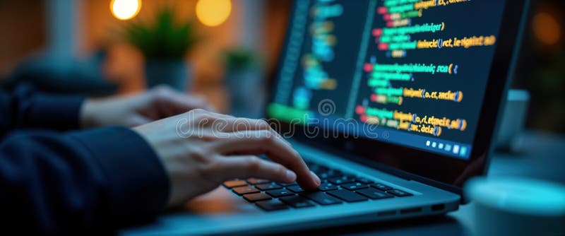 Programmer Codes on Laptop. Hands Type Keyboard. Screen Shows Lines of ...