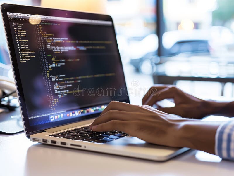 Programmer Coding on a Laptop, Modern Workspace, Focused and Productive ...