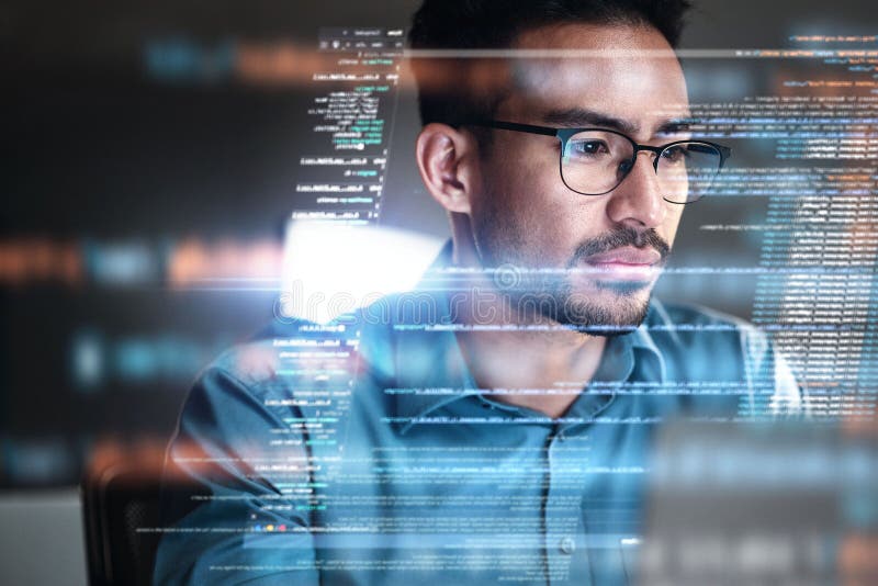 Programmer, coding and man with focus, hologram and data analytics with cyber security, futuristic and stock market stock photos