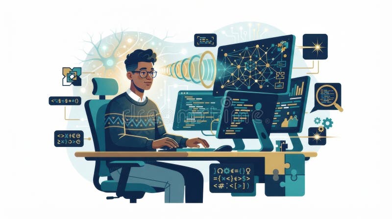 A programmer is focused on coding at a tech workspace featuring multiple monitors displaying various programming languages and tech symbols. Programming coding code stock images, royalty-free photos and pictures