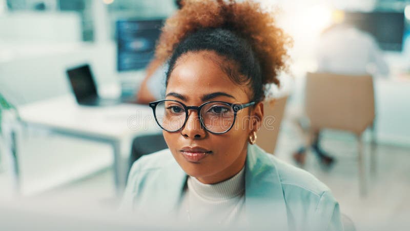 Programmer, computer or woman with glasses for reading code, app development and debugging PC. Review, programming stock images