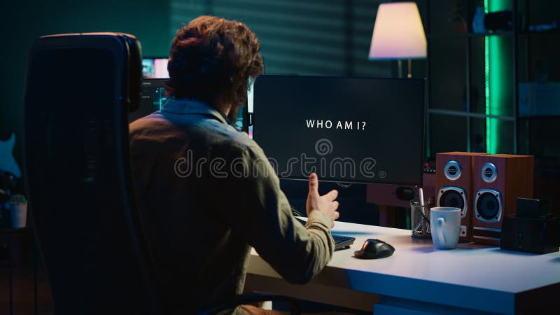 Concept of artificial intelligence becoming self aware, greeting man stock photo