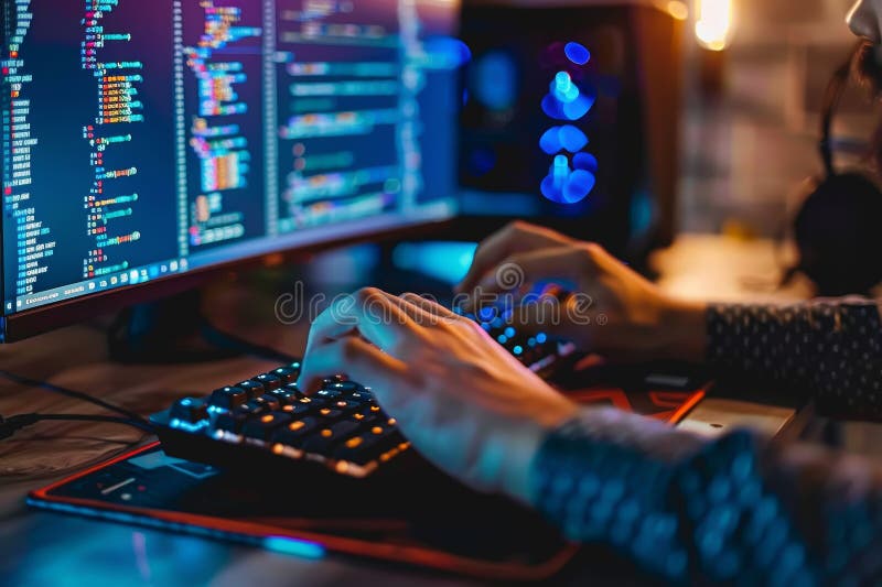 Programmer is Hands on Keyboard Writing Source Code, on Screen Monitor ...