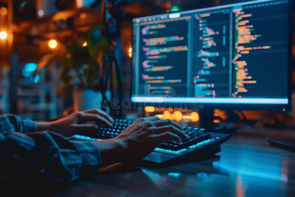 Programmer is Hands on Keyboard Writing Source Code, on Screen Monitor ...