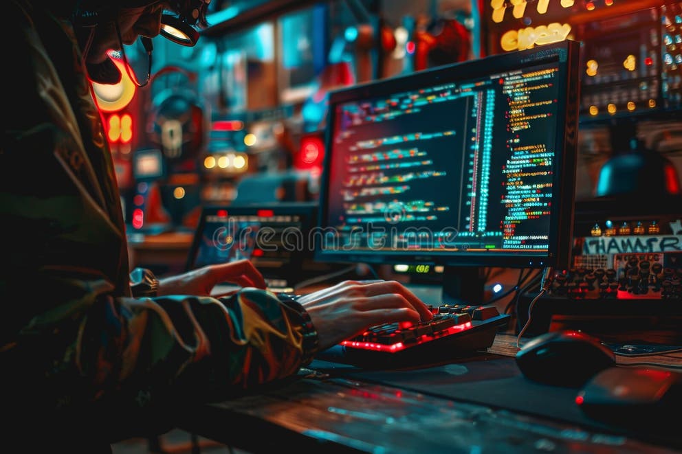 Programmer is Hands on Keyboard Writing Source Code, on Screen Monitor ...