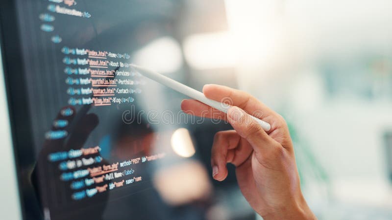 Programmer, hands or person with screen for code, app development and debugging computer. Closeup, programming and stock photography