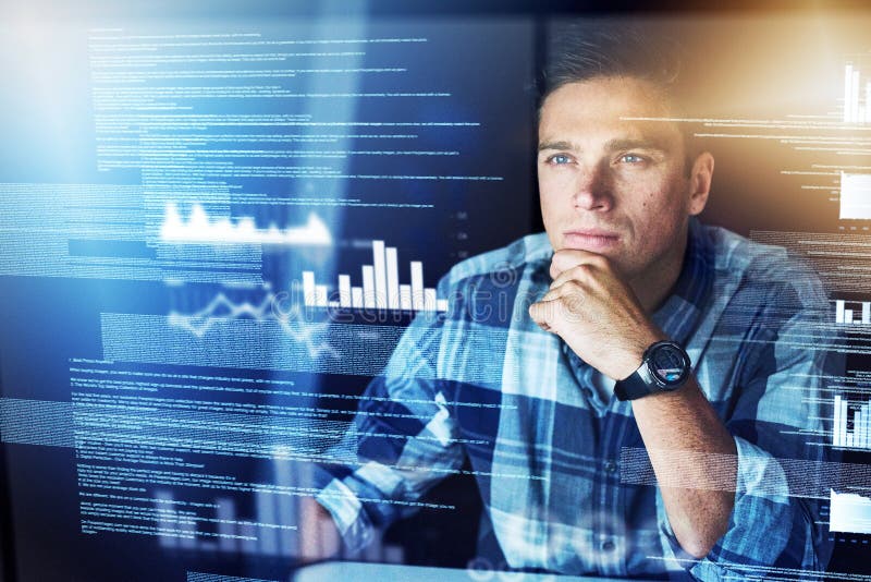 Programmer, hologram and man with focus, cyber security and data analysis with coding, website information or futuristic stock images