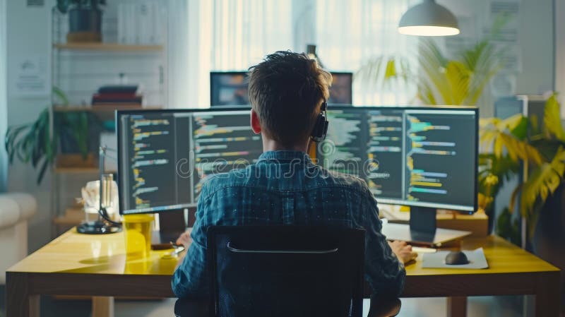 A Programmer Immersed in Coding Surrounded by Multiple Screens in a ...