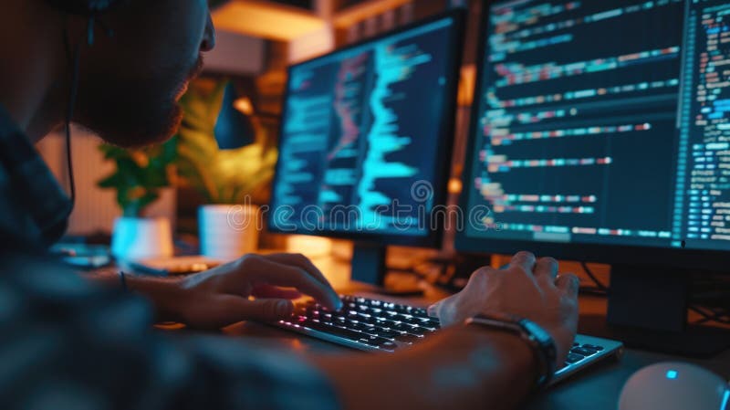 Programmer Immersed in Late Night Coding Session AIG41 Stock ...