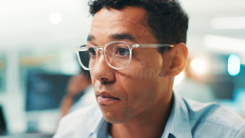 Programmer, research or man with glasses for reading code, app development and debugging computer. Face, programming and stock photos