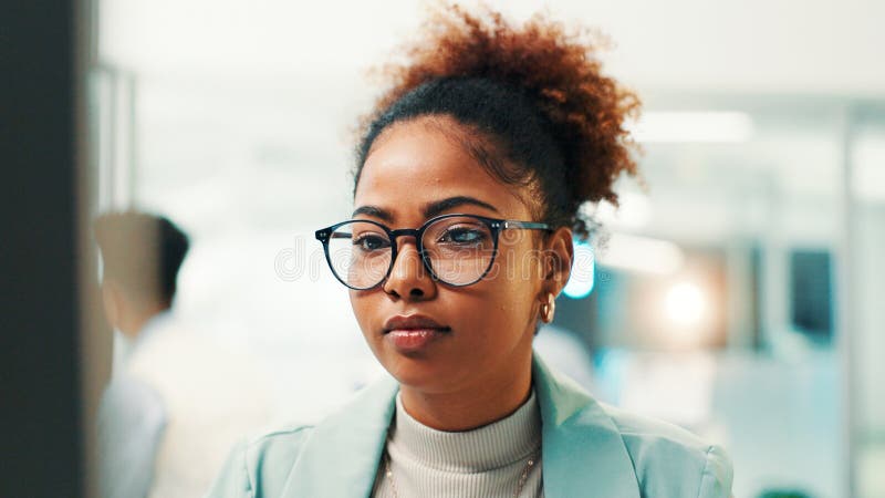 Programmer, research or woman with glasses for reading code, app development and debugging PC. Review, programming stock photo