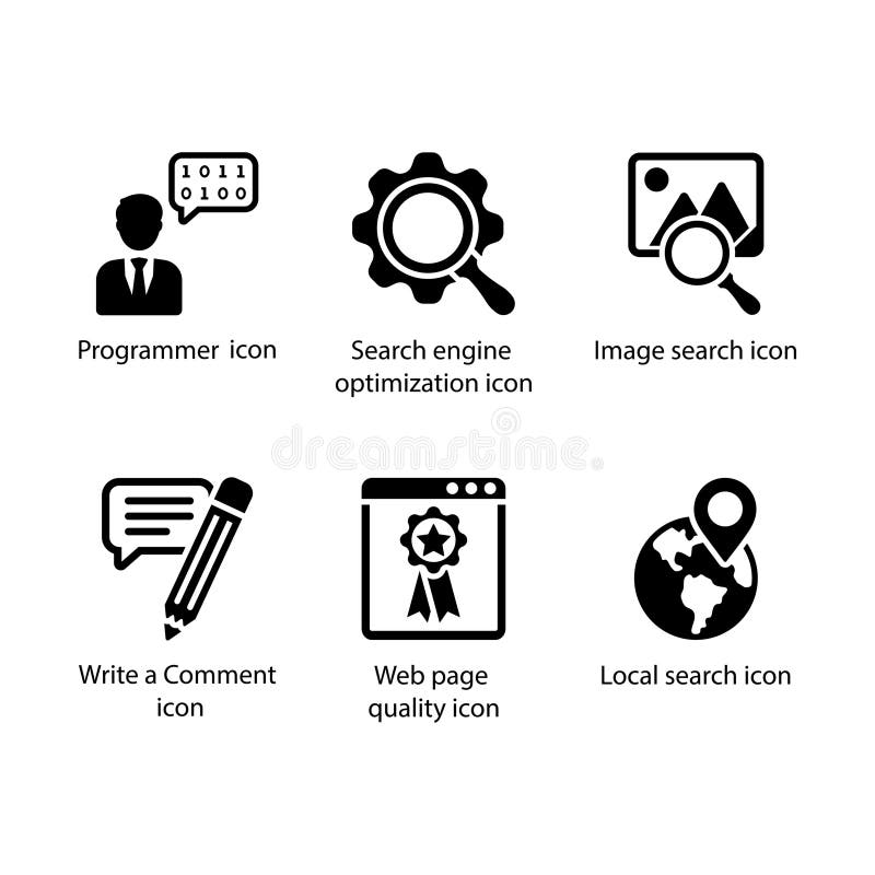 Programmer, SEO, Image search, Write a Comment, Web page quality, local search, icon vector illustration