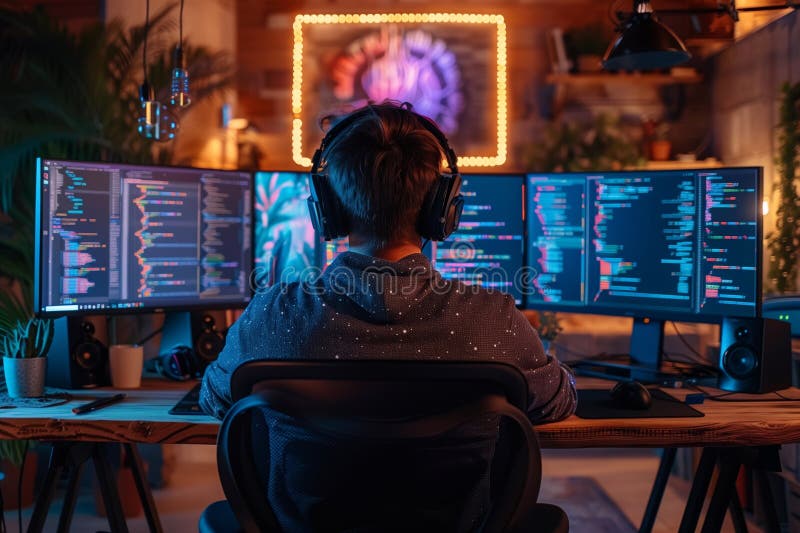 Programmer Working Late at Night in Home Office with Triple Monitor ...