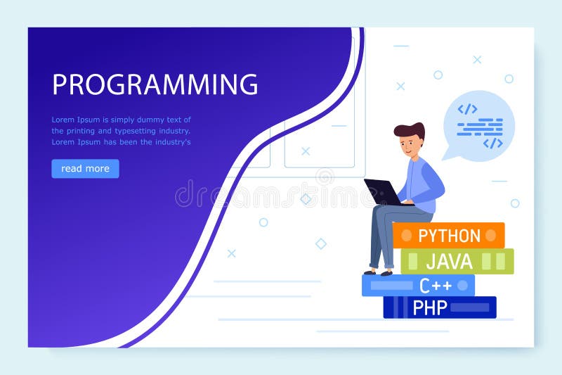 The programmer sits on a stack of books thinking and working on the computer. stock illustration