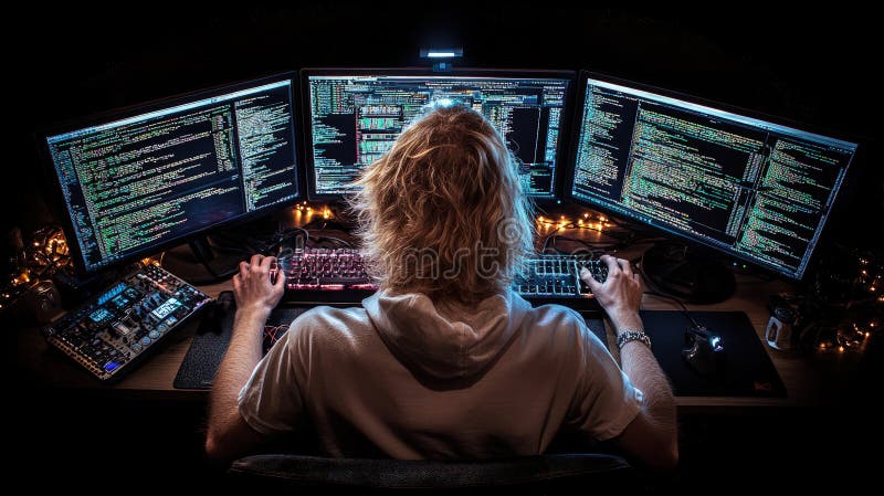 A programmer sits surrounded by multiple screens displaying code, in a dark room, showcasing intense focus and technical royalty free stock photos