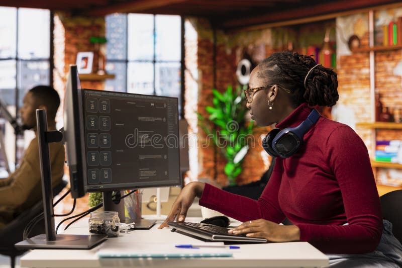 Programmer solving personal tasks with AI LLM chatbot answering prompts stock images