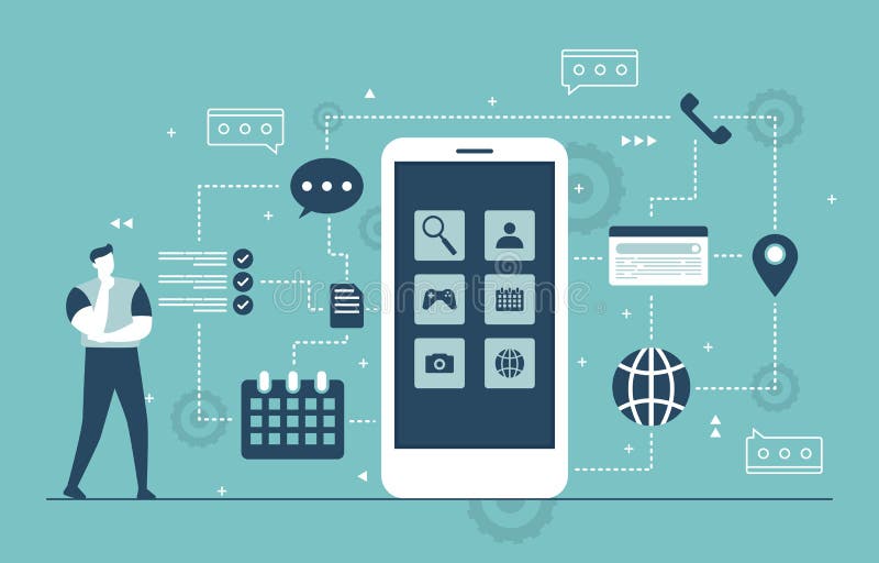 Programmer Thinking Mobile App Development Process Flat Design Illustration stock illustration