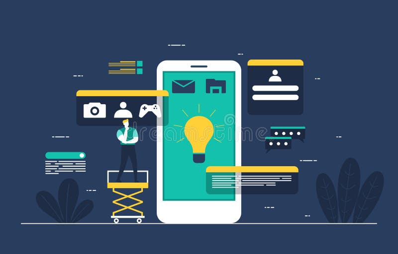Programmer Thinking Mobile App Development Process Flat Design Illustration stock illustration
