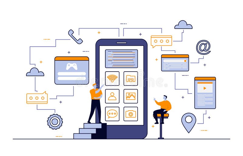 Programmer Thinking Mobile App Development Process Flat Design Illustration stock illustration