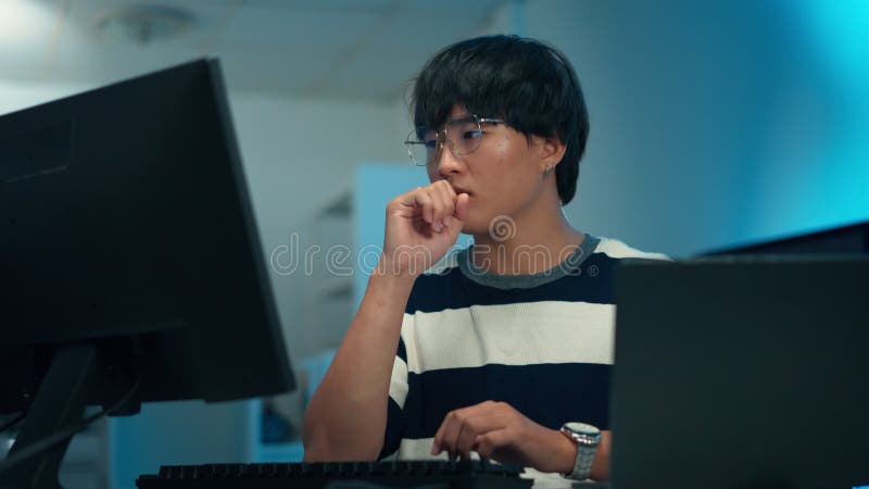 Programmer typing code software development backend debugging task system programming process interface application logic. Code programming video