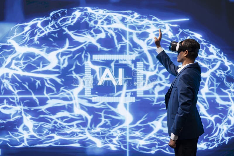 Programmer using virtual reality tech and AI systems in futuristic workspace stock photography