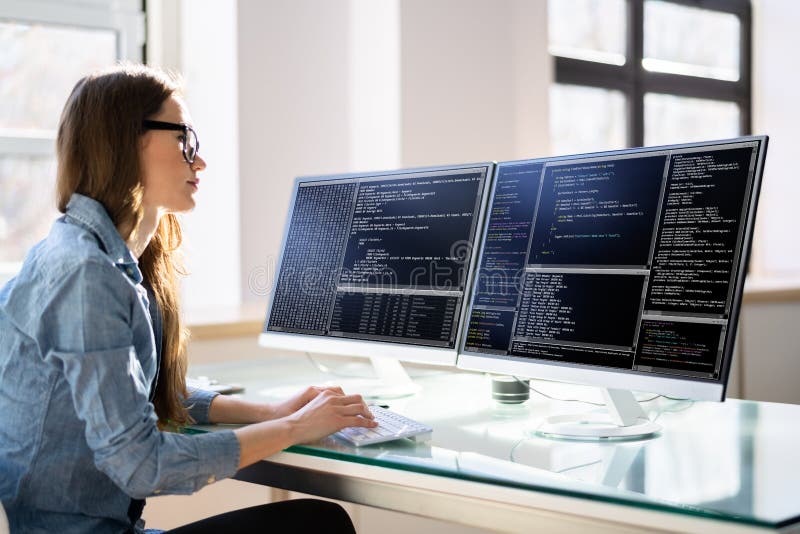 Programmer Woman Coding stock image. Image of desktop - 243581711
