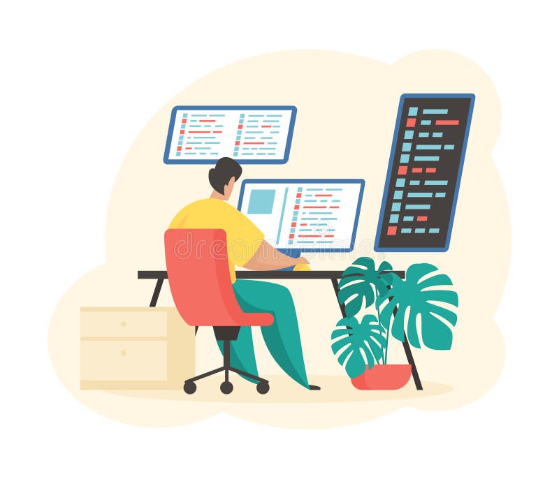 Programmer at work. Male character writes software for computer vector illustration