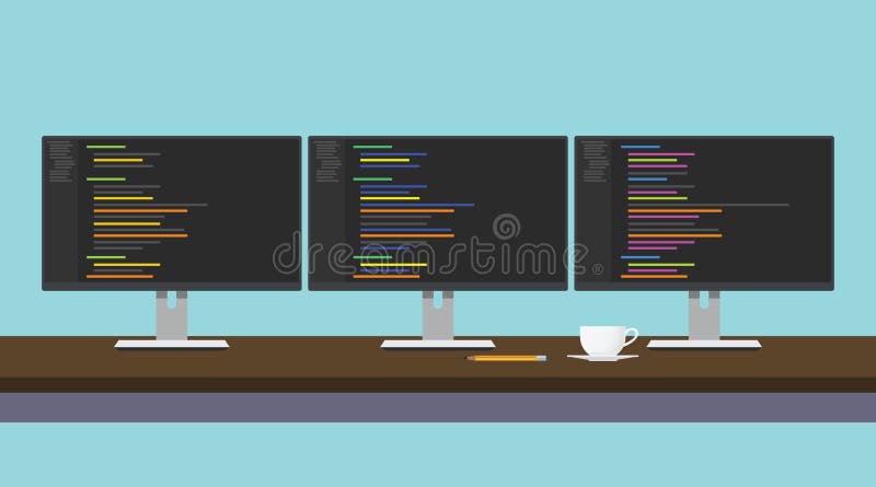 Programmer Workdesk Triple Monitor with Programming Code Stock Vector ...
