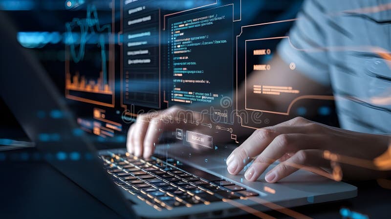 Programmer Working on Code on Laptop Computer with Data Analysis Screen ...