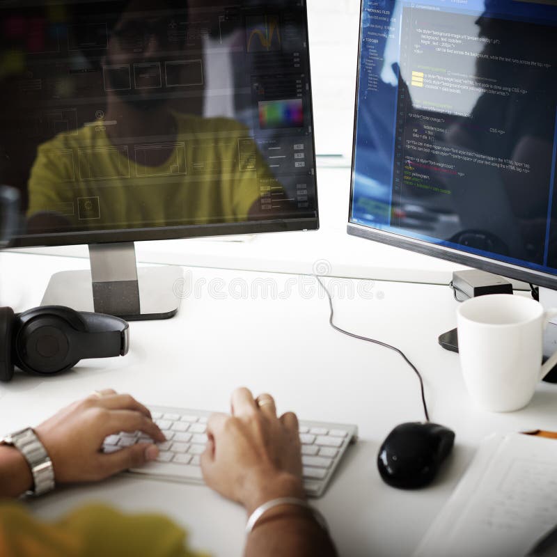Programmer Working Computer Monitor HTML Concept royalty free stock photos