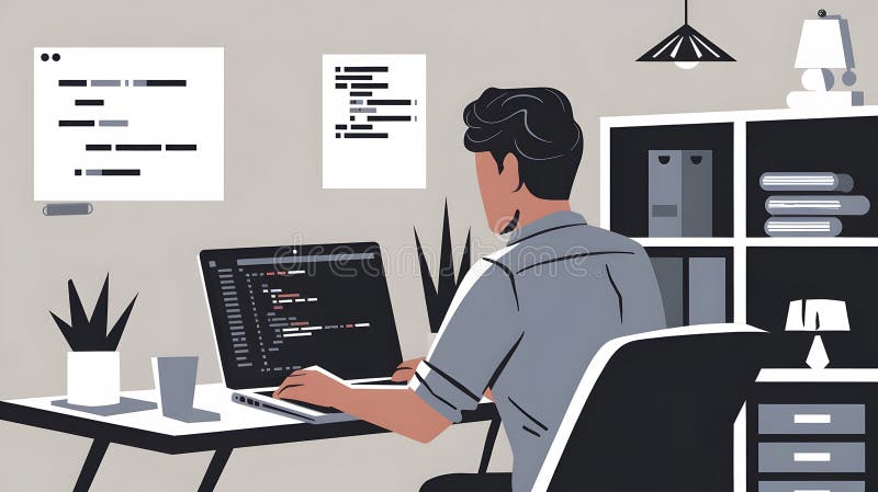 Programmer Working at the Computer in the Office. Vector Illustration ...